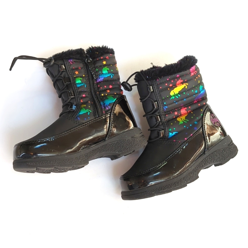 Totes, Black iridescent rainbow unicorn boots. Toddler size 10